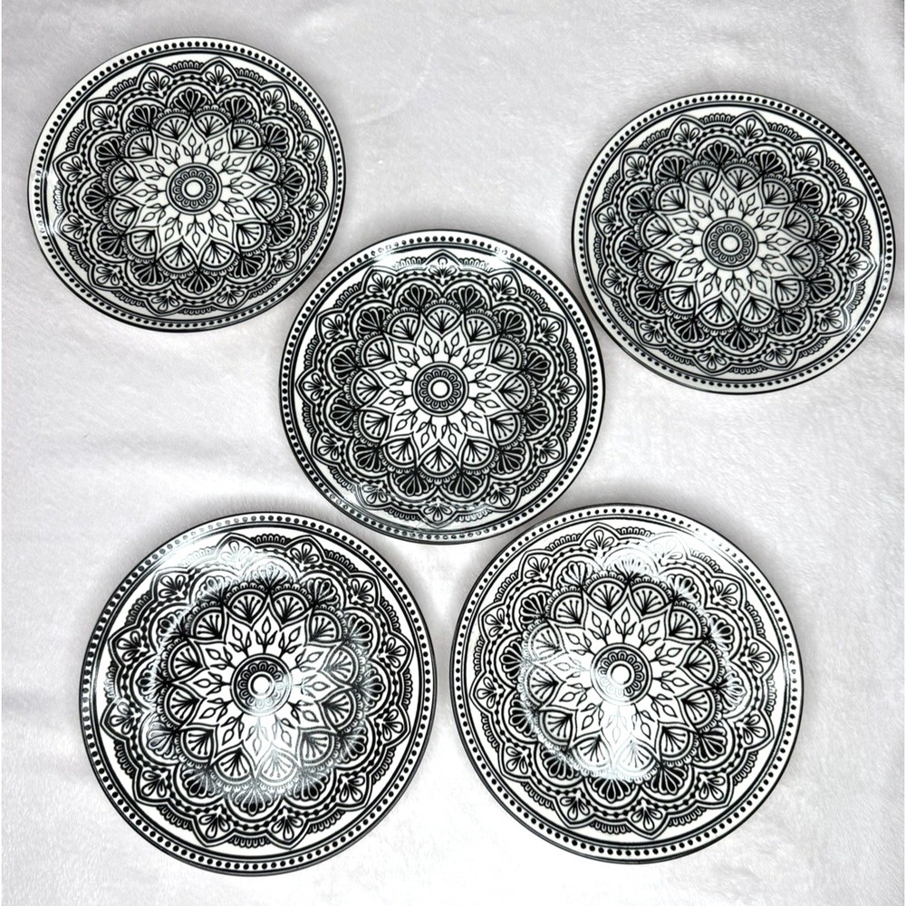 5 Royal Norfolk Mediterranean Mandala Black and White Salad Plates Set 7.5" EUC